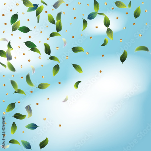 Green Tea Leaves Falling from Corner Confetti on Blue Ske Background. Spring Natural Banner Olive Herb Foliage Mockup Poster. 3d Mint Plant Illustration. Tea Frame. Eco Organic Beauty Product Border.