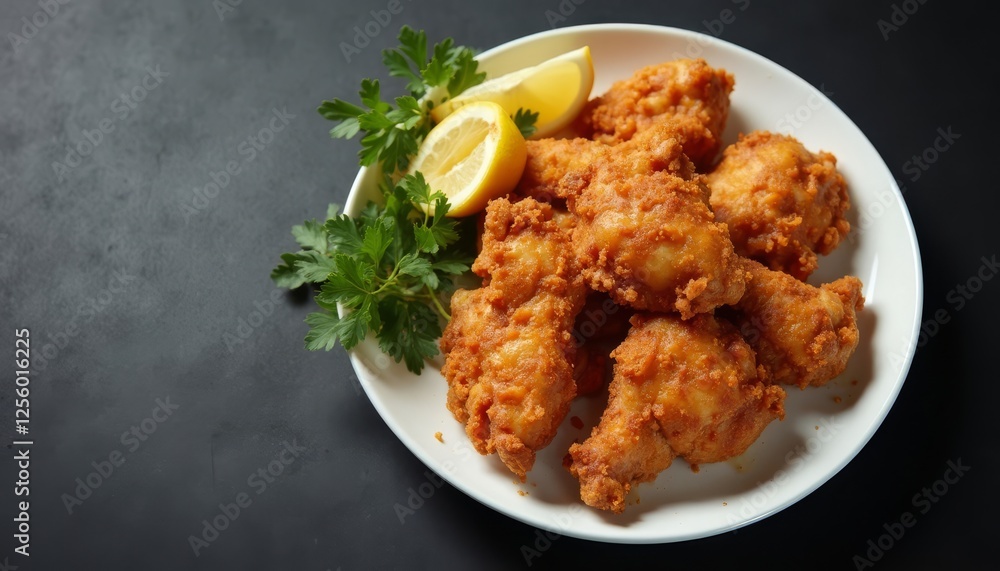 Golden Fried Chicken Platter with Zesty Lemon and Fresh Parsley Golden Fried Chicken Platter with Zesty Lemon and Fresh Parsley