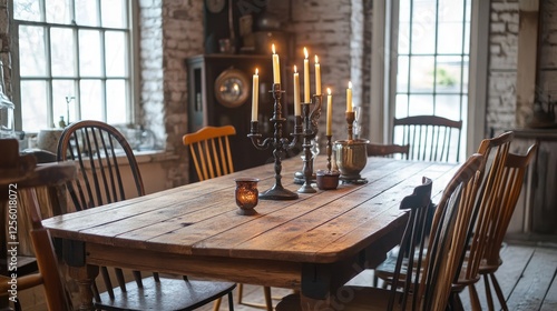 Traditional rustic dining area with a wooden table, iron candleholders, and a mix of antique wooden chairs photo