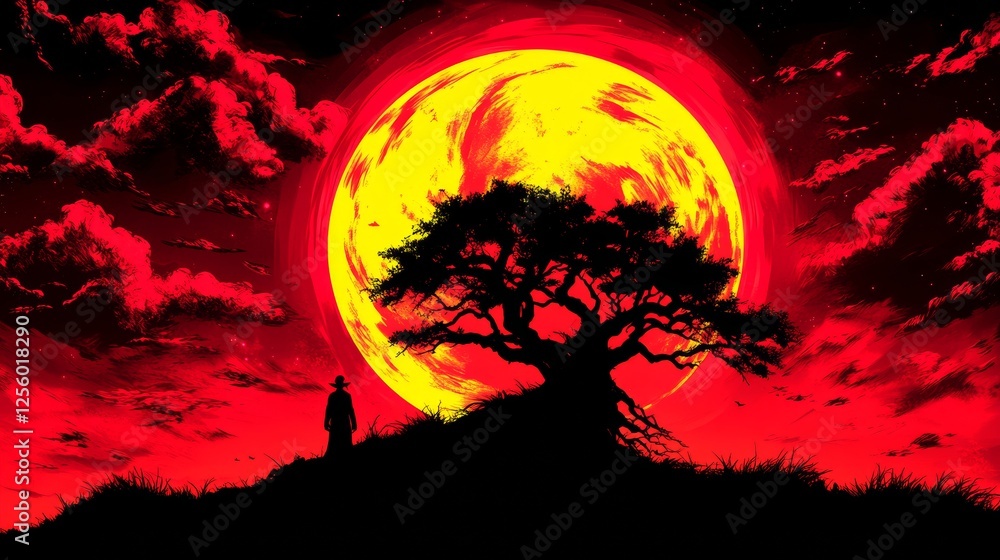 Silhouette of a person standing beneath a large tree against a vibrant red and yellow moon. A dramatic and mysterious scene. Silhouette of a person standing beneath a large tree against a vibrant red and yellow moon. A dramatic and mysterious scene.
