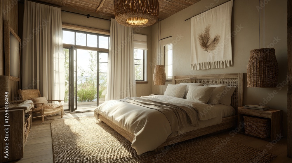 Fototapeta premium Tranquil bedroom with a neutral color scheme, woven basket accents, and linen curtains to create a cozy and calming atmosphere