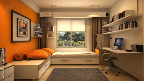 Transformable bedroom with a Murphy bed, folding work desk, and wall-mounted shelving for maximizing space in a small apartment