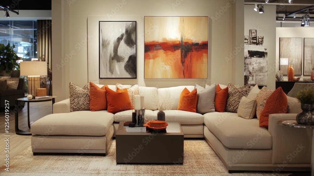 Fototapeta premium Trendy living room design with a sectional couch, sleek console table, and modern art pieces on the walls