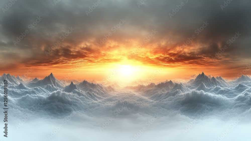Fototapeta premium Dramatic sunset over a sea of clouds and majestic mountains. A breathtaking panorama of vibrant colors and serene beauty.