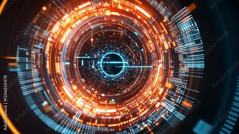 Rotating orange and blue digital tunnel with flowing data creates a futuristic technology background featuring light trails and code, ideal for big data and cyberspace projects