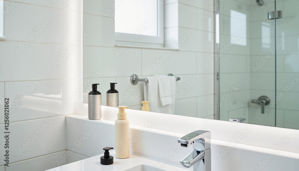 Sparkling bathroom mirror reflecting clean surroundings, spring cleaning Sparkling bathroom mirror reflecting clean surroundings, spring cleaning