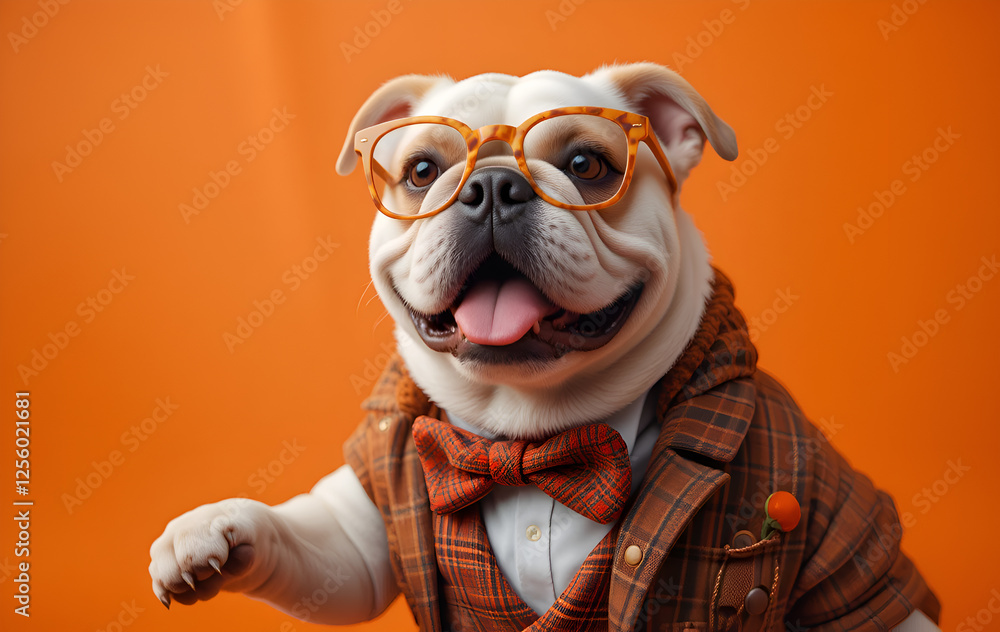 cool Bulldog with sunglasses fashionable and stylish dressed against vibrant orange background. Digital artwork. Ai generated