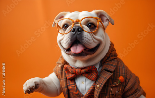 Obraz na płótnie cool Bulldog with sunglasses fashionable and stylish dressed against vibrant orange background. Digital artwork. Ai generated w salonie