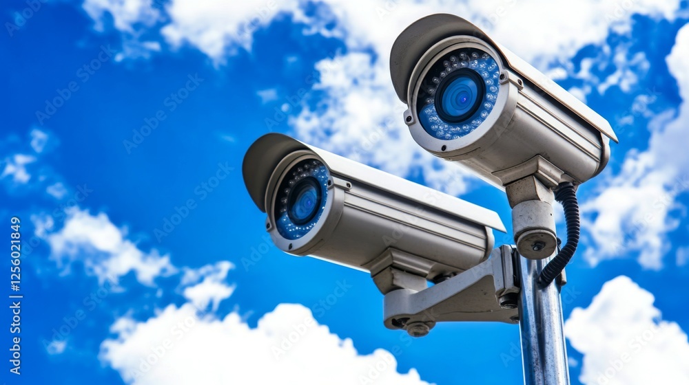 Modern Security Cameras Against a Beautiful Blue Sky Modern Security Cameras Against a Beautiful Blue Sky