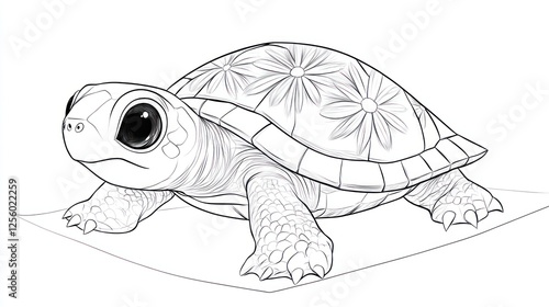 Cute baby turtle, floral shell, coloring page,  educational resource, children's book illustration photo