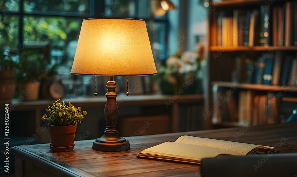 Obraz premium A Cozy Study Nook with a Warm Glowing Lamp, Open Book and Plants on Wooden Table