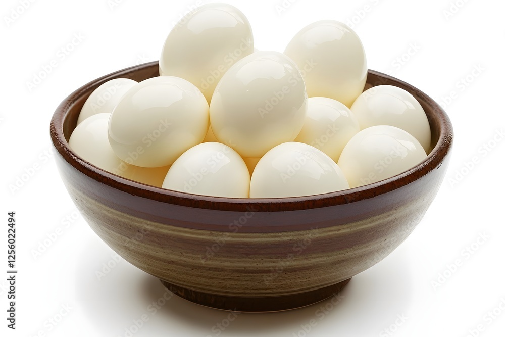 Freshly Laid Eggs in Rustic Ceramic Bowl on Plain Background Freshly Laid Eggs in Rustic Ceramic Bowl on Plain Background