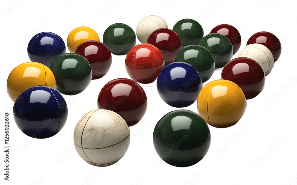 A high-quality bocce ball set with a small pallino, isolated on a empty plain background A high-quality bocce ball set with a small pallino, isolated on a empty plain background