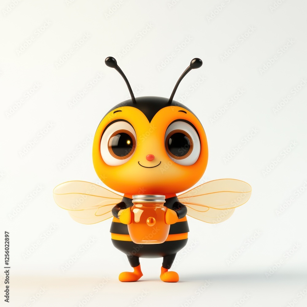 Obraz premium Cartoon bee holding honey jar against white background. Possible use Children's book illustration