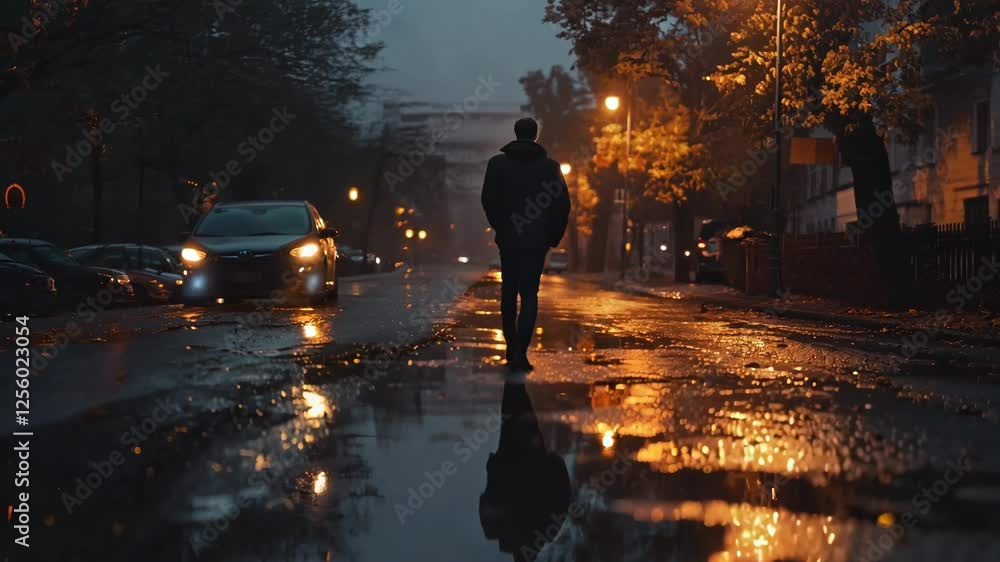 A solitary man walks down a dimly lit city street after rainfall, his reflection visible in a puddle. The warm glow of streetlights contrasts with the cool, moody atmosphere A solitary man walks down a dimly lit city street after rainfall, his reflection visible in a puddle. The warm glow of streetlights contrasts with the cool, moody atmosphere