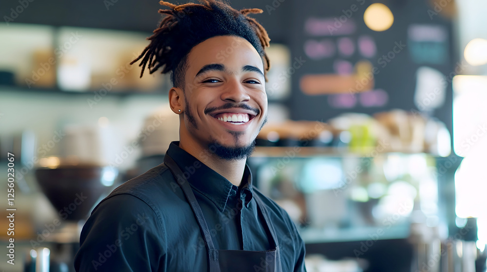 Cheerful Young Man Smiling Confidently in Modern Indoor Cafe or Bar Setting Portrait of Positive and Friendly Businessman or Professional Worker in Casual Attire Cheerful Young Man Smiling Confidently in Modern Indoor Cafe or Bar Setting Portrait of Positive and Friendly Businessman or Professional Worker in Casual Attire