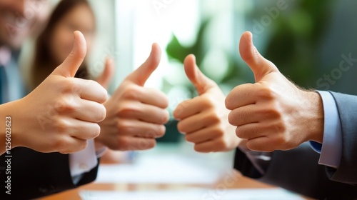 Teamwork Success: Four Hands Showing Thumbs Up, Celebrating Achievement and Collaboration in Business