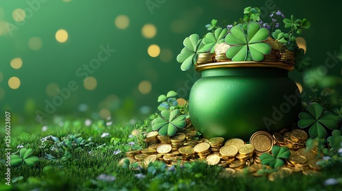 Pot of gold coins, shamrocks and four leaf clovers. Leprechaun's treasure. St. Partick's Day background