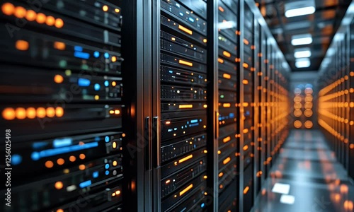 Server rack room with glowing lights.