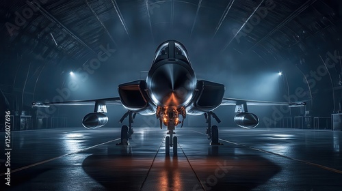 Military Fighter Jet Standing Majestically Inside an Aircraft Hangar photo