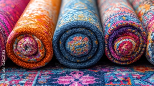 Rolled Colorful Rugs in a Display photo