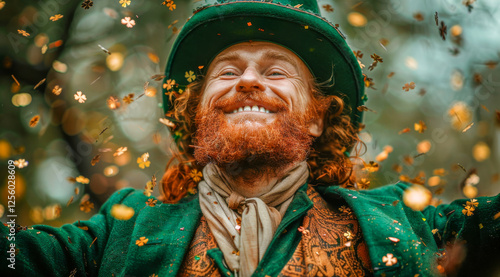 A man with a green hat and beard is smiling and throwing confetti. The scene is lively and joyful, with the man's expression and the confetti adding to the festive atmosphere. Leprechaun Patrick's Day photo