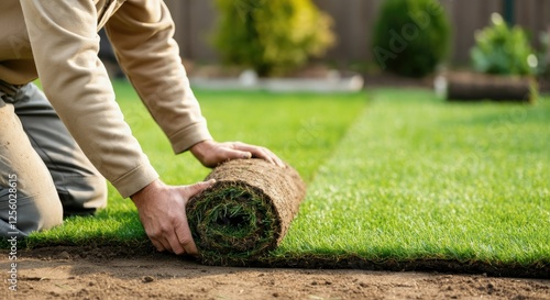 Person laying down roll of sod on soil