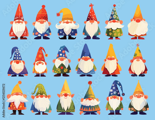 Cartoon gnomes. Cute garden dwarfs characters in cone hats and long beards, funny fairytale men set vector illustration