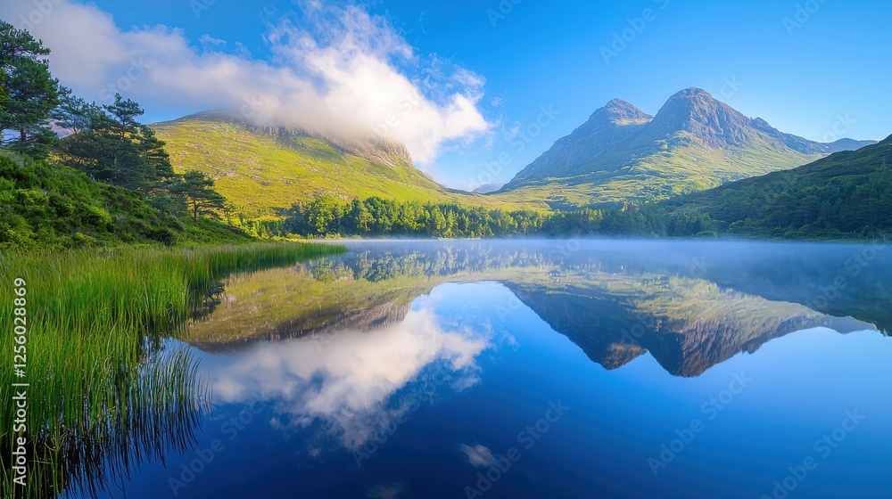 Majestic reflections of mountains and clouds over a tranquil lake at dawn, showcasing the beauty of nature in a peaceful landscape Majestic reflections of mountains and clouds over a tranquil lake at dawn, showcasing the beauty of nature in a peaceful landscape