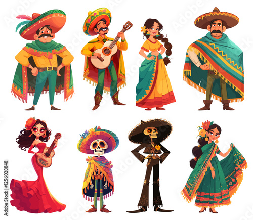 Cartoon mexican characters. Man and woman in traditional clothes poncho sombrero guitar, dia de los muertos skeletons vector illustration