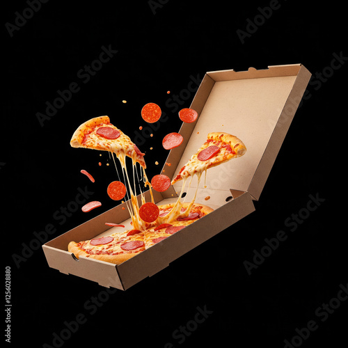 Pizza slices flying, isolated on black background. Delicious peperoni pizza slices pepperonis and olives, floating pizza pieces with melting cheese with basil leaves flying. Italian style pizza slices