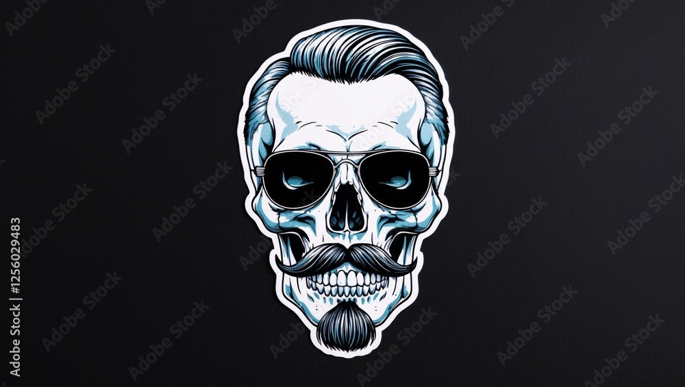Fototapeta premium Stylish skull design with sunglasses and mustache adds a modern twist to traditional motifs in a vibrant illustration showcased against a dark background
