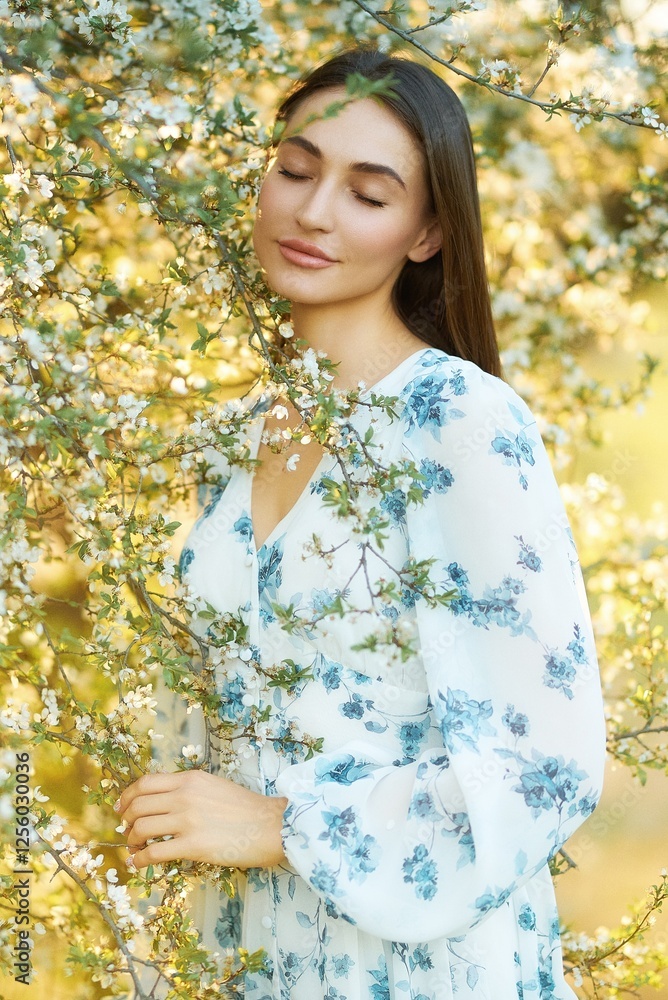 portrait of a girl in spring among blossoming trees portrait of a girl in spring among blossoming trees