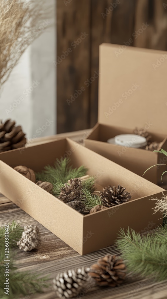 Stylish storage box adorned with pine cones and greenery, perfect for home organization and aesthetic decor. Stylish storage box adorned with pine cones and greenery, perfect for home organization and aesthetic decor.