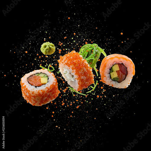 Pieces of sushi with splashes of soy sauce, isolated on black background