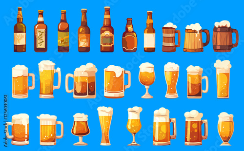 Flat beer set. Pint mug glass bottles with lager alcohol beverage and foam, pub menu elements vector illustration