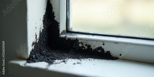 Close-up view of dark mold growth accumulating on a window frame, indicating a potential moisture problem requiring immediate attention and remediation