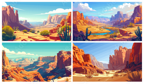 Grand canyon. Rock cliffs mountain landscape with river and plants cactus, USA adventure travel vector illustration