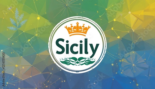 Sicily Island Logo Design with Crown and Wheat, Abstract Green Yellow Blue Polygonal Background