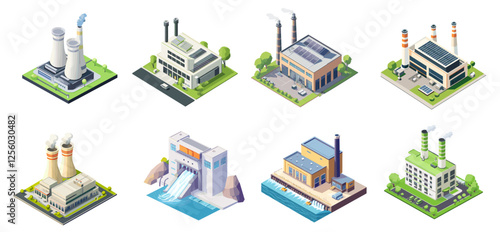Green energy power. Isometric hydroelectric generation buildings, nuclear reactor, industrial stations set vector illustration