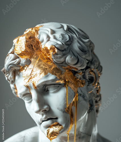 A marble statue of a Greek goddes, with gold paint dripping down the face and neck. The head is broken off, leaving a marble sculpture with a broken head. Golden oil appears to be pouring onto the whi