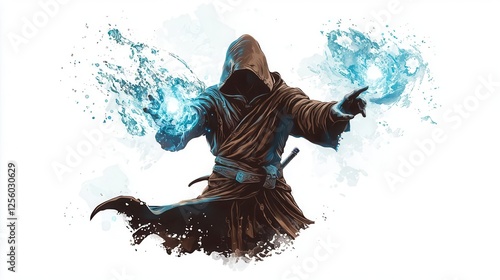 a warrior mage casting dual spells, fantasy battle element, dramatic pose, 2D highdetail, isolated on white background
