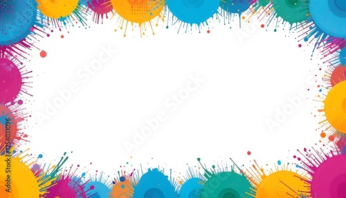 Colorful paint splatters border design, vibrant color explosion frame, bright rainbow ink blotches background for text or images