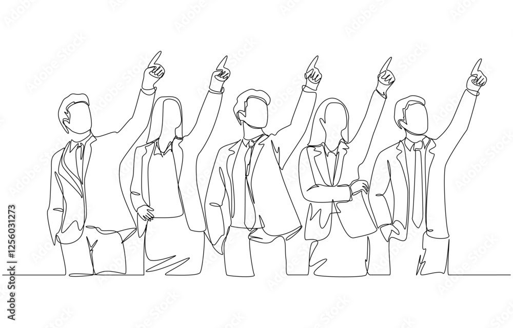 Continuous one line drawing of Businesspeople pointing at same direction, business team direction concept, single line art Continuous one line drawing of Businesspeople pointing at same direction, business team direction concept, single line art