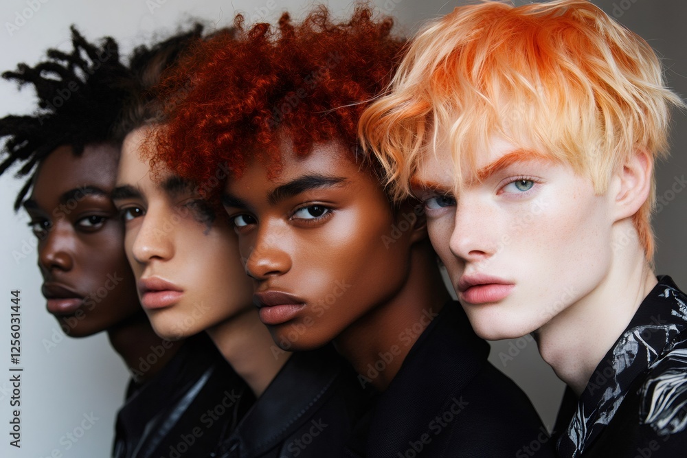 Four male models posing together showing diversity and fashion trends Four male models posing together showing diversity and fashion trends