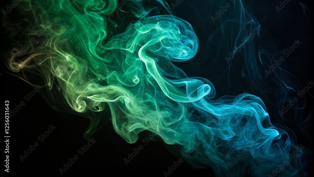 Fototapeta premium Abstract Teal and Green Smoke Composition Swirling Vapor, Dynamic Flow, Dark Background, Smoke Photography,Abstract Art Smoke art, Abstract photography