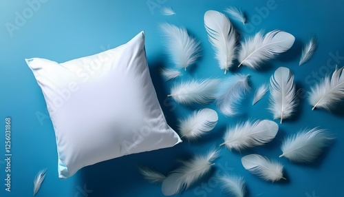 International pillow fight day with floating feathers, realistic photo of pillow fight photo