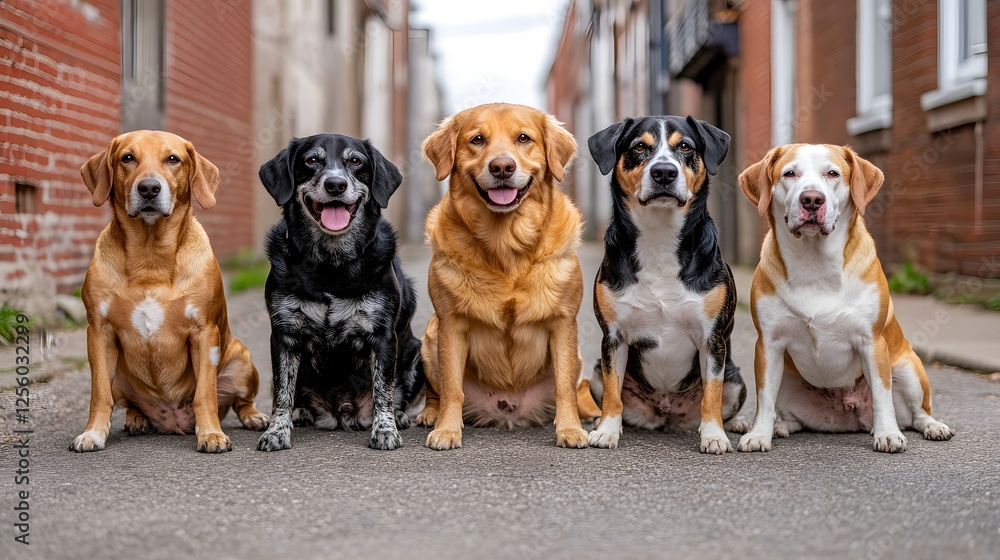 Happy Group of Dogs Sitting in a Row on a Quiet Street Happy Group of Dogs Sitting in a Row on a Quiet Street