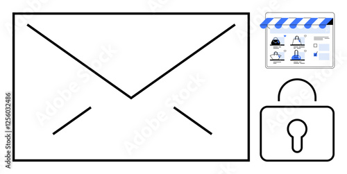 Envelope outline, padlock icon, e-commerce storefront with website elements representing secure email communication and online store privacy. Ideal for themes of digital security, e-commerce, data