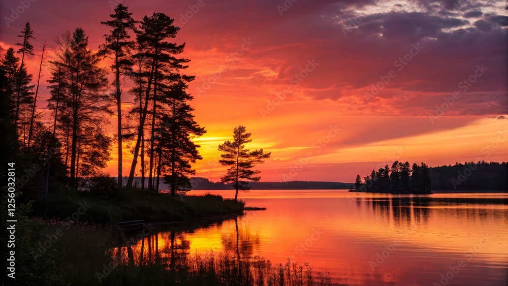 Fototapeta premium Fiery Sunset Lake Silhouette Landscape Photography, Orange Sky, Pine Trees, Water Reflection, Nature Sunset Photography, Landscape Photography